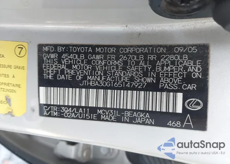 2006 Lexus Es 330 z USA, uszkodzony, nr VIN JTHBA30G165147927